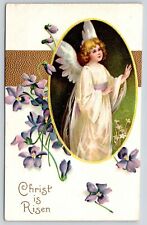Clapsaddle Easter~Blonde Lil Angel Girl~Lavender Sash~Violets~Oval Inset~Emboss picture