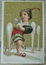 Antique French Trade Card Child with Muffin on Ski Shoes  Lithograph Gold picture