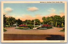 Lincoln Nebraska~Entrance To Antelope Park W/ Flower Beds~Vintage Linen Postcard picture