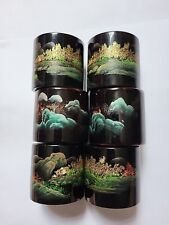 Lot Of 6 Black Lacquer Painted Asian  Napkin Rings picture