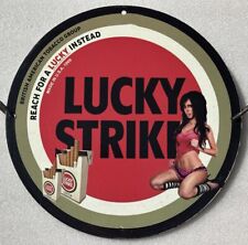 CLASSIC LUCKY STRIKE CIGARETTES TOBACCO GARAGE GIRL PINUP PORCELAIN ENAMEL SIGN. picture