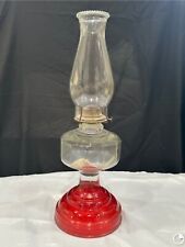 Vintage Hurricane Kerosene Oil Lamp with Ruby Red Glass Base, Chimney & Burner picture