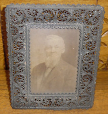 Ornate Antique Tin Picture Frame w/ Photo Of Old Man - 8 3/8