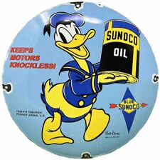 VINTAGE SUNOCO DISNEY DONALD DUCK PORCELAIN SIGN PUMP PLATE GAS STATION OIL picture