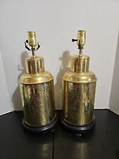 Pair Vintage Brass Asian Lamp Ginger Jar Tea Caddy Floral Etch Gold Chinoiserie picture
