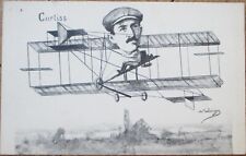 French Aviation 1910 Postcard, Glenn Curtiss Caricature Airplane Biplane Artist picture