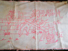 Early Antique Red Work SPLASH Cloth Linen Towel Cat Puppy for Pitcher/Bowl 17x29 picture