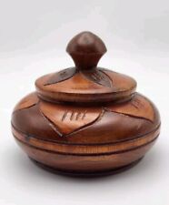 Vintage Beautiful Hand Carved Round Wooden Trinket Bowl Jewelry Box With Lid picture