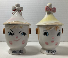 Vintage COMMODORE Anthropomorphic KETCHUP MUSTARD Pixie Condiment Jar Set of 2 picture