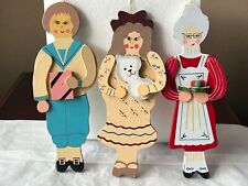 Vintage Christmas ornaments set of 3 Taiwan wooden figures lady & cat & man with picture