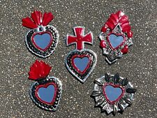 SET of FIVE Tin Sacred HEART Ornaments with Mirror, Traditional Colors, picture
