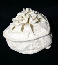 Cream Trinket Jewelry Box Floral Rose Heart Shaped Ceramic Porcelain 3.75