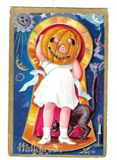 Early 1900's Halloween Postcard Pumpkin Girl Pumpkin Mask Cat & Keyhole picture