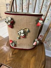 Vintage Metal Trash Can Waste Basket Burlap Cover With 3D Strawberries & Flowers picture