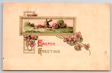 c1930s Easter Greeting Embossed Pink Flower Windmill Town Vintage Postcard picture
