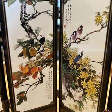 Asian Screen Small Size Bamboo Birds Calligraphy Art Chinese Zen Lacquer picture