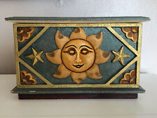 Vintage Ecuadorian Folk Art Hand-carved Teal Sun and Moon Treasure Box picture