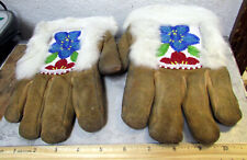 Hand Made Beaded Alaska Leather Womens size work gloves, fur trim, nice decor picture