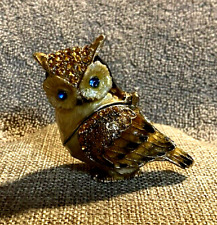 Jeweled Crystal Rhinestone Accented Enamel Hinged Owl Trinket Pill Box 2-1/4