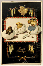 1912 Easter Greetings, Gold Bells, Hatching Chick, Vintage Gel Postcard picture