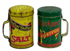 Tin Metal Vintage Salt and Pepper Shakers With Primitive Graphics Rusty Gold picture
