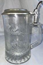 Vintage German ALWE Moose And Bear Etched Glass Beer Stein With Pewter Lid picture