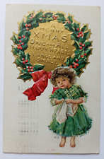 Antique 1915 A Merry Christmas Mistletoe Wreath Young Girl Green Dress Postcard picture