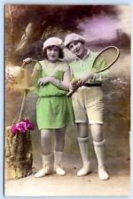 1920-30s RPPC GORGEOUS HAND COLORED 2 FEMALE TENNIS PLAYERS GREEN DRESS POSTCARD picture