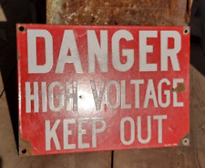 Vintage Old Antique Danger High Voltage Keep Out Ad. Porcelain Enamel Sign Board picture
