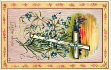 Vintage Postcard- A cross and blue flowers, Easter Joys Early 1900s picture