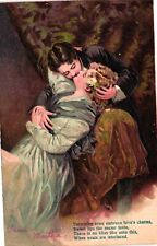 Antique Edwardian Valentines Day Postcard Lovers Couple Kissing Poem Embossed picture