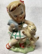 Vintage Little Girl Holding Feeding Puppy Red Bows Josef Originals Japan 1950’s picture