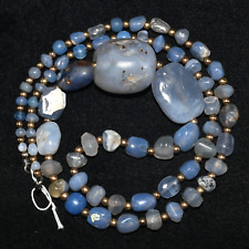 Large Genuine Ancient Bactrian Roman Blue Agate Calcedony Stone Bead Necklace picture