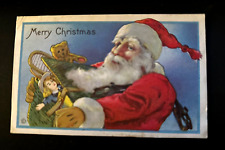 Santa Claus with Teddy Bear~Doll~Toys~Antique Christmas Postcard~h874 picture