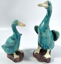 2 VTG Turquoise Ducks with Purple Base Glossy Glaze Stamped Japan 9