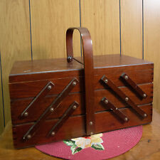 Vtg Wooden Sewing Box Accordian 3 Tier Expanding Craft Sewing Box 16