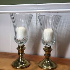 Pair Virginia  MetalCraft,Brass Candle Holders,3.25” T,3”Base W/ Glass Shades picture