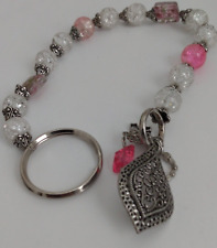 Long Beaded Keychain Keyring Pink White Shimmering Silvertone Charms picture