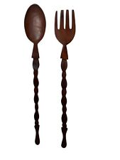 1970s Boho Chic Tiki Hand Carved Wooden Fork & Spoon 24” Luau Vintage Decor picture