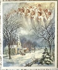 Vintage Christmas Angels Sky Church Winter Town Snow Greeting Card 1940s 1950s picture