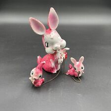 Vintage Arnart Sugared PINK Mama Rabbit & Babies Chained Ceramic Figurine Japan picture