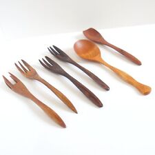 Set of 6 Hand Carved Utensils Lightweight Acacia Fork Spoon Wavy Camping Fruit picture