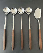Vtg Epic Japan Wood Handle Iced Tea/Cocktail Spoons MCM Stainless Flatware 7 3/4 picture