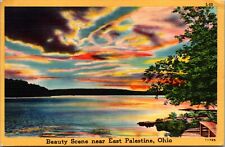 East Palestine OH Sunset Colored Clouds Reflected in Lake Linen Postcard 1951  picture