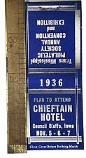 Antique Chieftain Hotel 1936 Council Bluffs Iowa Matchbook 1930's Star Match Co picture