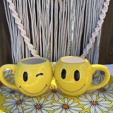 Vintage Pier 1 Yellow Wink Smile Happy Face Coffee Mug Set 2 sided Retro picture