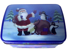 Vintage Blue Santa Claus With Penguins in Snow Christmas Holiday Tin Box picture