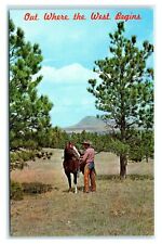 Postcard Out Where the West Begins SD ND WY cowboy horse chrome J16 picture