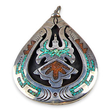 Reversable Silver Pendant Turquoise Coral Chip Inlay Traditional Navajo Design picture