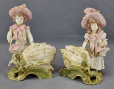 Pair of Ernst Wahliss Art Nouveau Children Floral Figurine Sweet Meat Dishes picture
